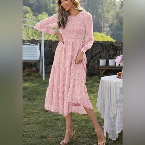 Round Neck Lantern Sleeve Midi Dress